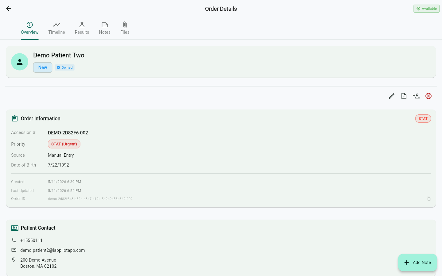 LabPilot web specimen logistics and order detail screenshot