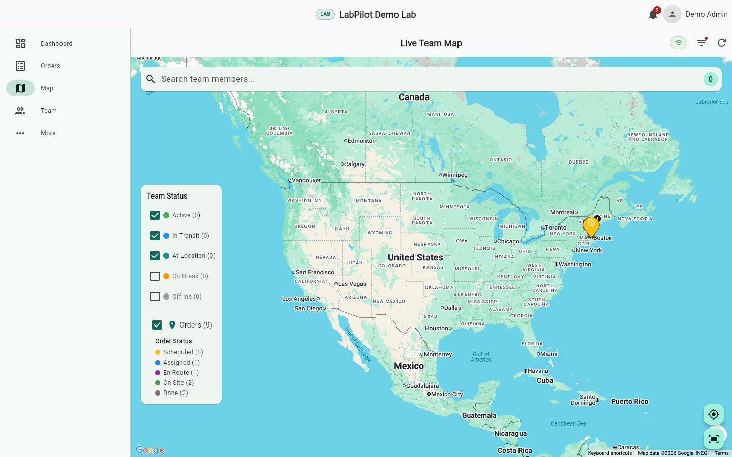 LabPilot live team map and route optimization screenshot