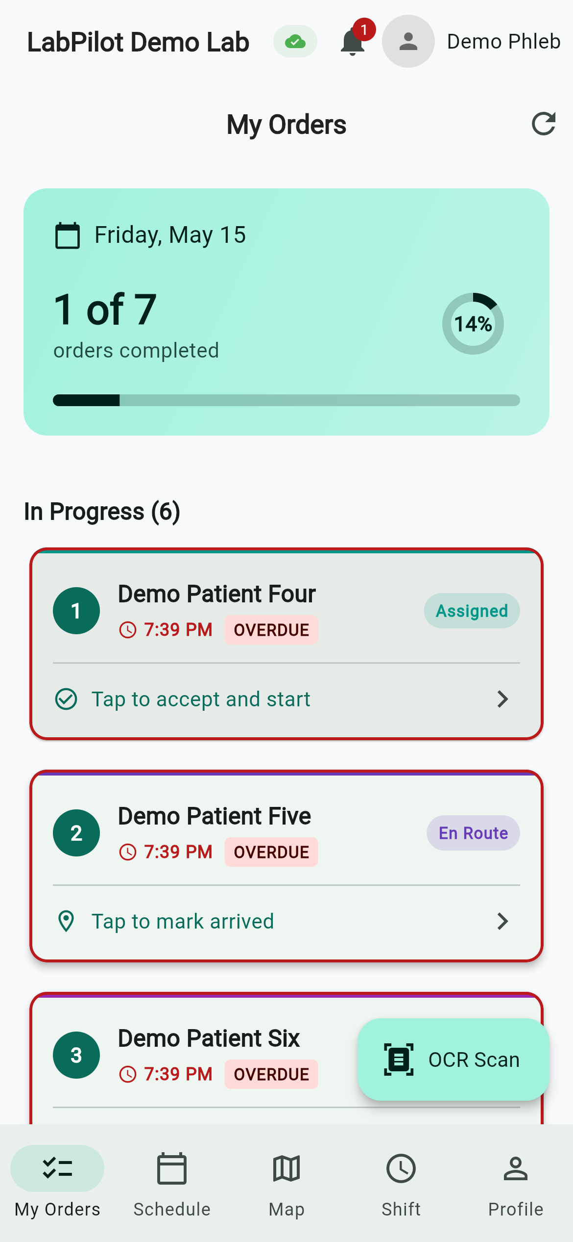 Mobile today and assigned orders screen